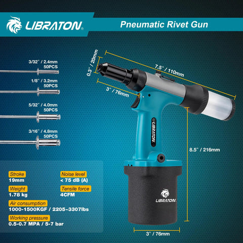 Beefy Heavy Duty Pneumatic Rivet Gun Kit With Self Suction Design in blue and black, tools and specifications displayed