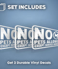 No Pets Allowed Sign For Business Set Of 3 Vinyl Decals 6x4 inches with service animals exception displayed on blue background