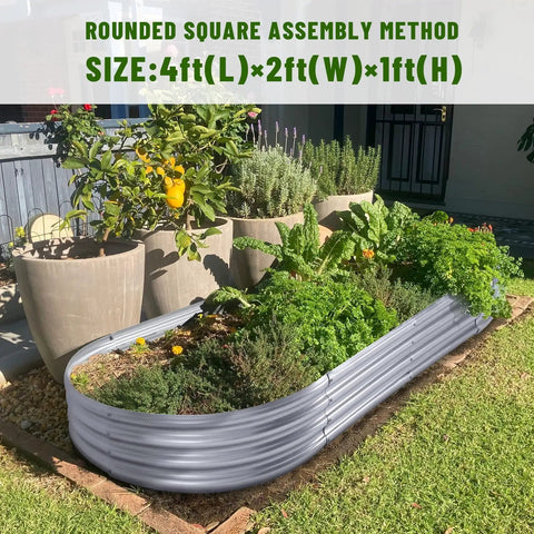 Galvanized Raised Garden Bed Kit Oval 4x2x1 Ft Outdoor Planter Boxes For Vegetables with plants, installed in a garden
