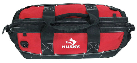 18 Inch Water Resistant Tool Bag With 29 Pockets Including 13 Internal And 16 External Shoulder Strap Heavy Duty 600 Denier Polyester Built Tough For Contractors And DIYers, red and black color, top view showing handles.
