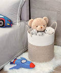 Huge Cotton Rope Storage Basket 18 By 16 Inches Decorative Woven Laundry Hamper For Living Room Blanket Organizer Toy Storage Towel Pillow Light Brown holding stuffed toys by bed