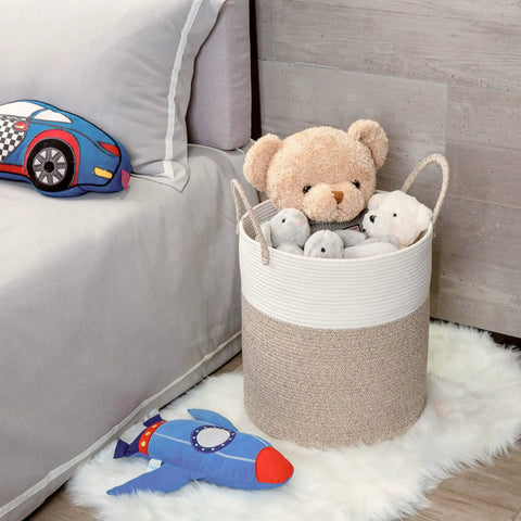 Huge Cotton Rope Storage Basket 18 By 16 Inches Decorative Woven Laundry Hamper For Living Room Blanket Organizer Toy Storage Towel Pillow Light Brown holding stuffed toys by bed