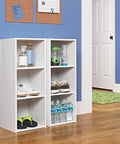 Sturdy Stackable Three Shelf Closet Organizer In White Finish For Clothes And Office Storage Space Saver next to cleaning tools in a room