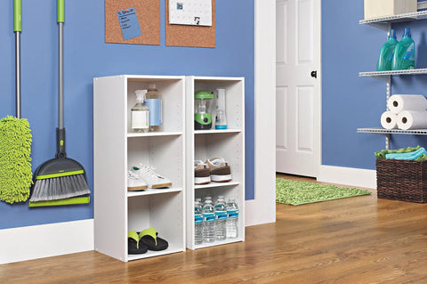 Sturdy Stackable Three Shelf Closet Organizer In White Finish For Clothes And Office Storage Space Saver next to cleaning tools in a room