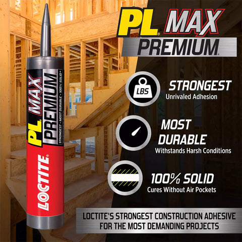 Heavy Duty Construction Adhesive For Wood Concrete Stone And More Premium Max Strength Bond That Stays 100 Percent Solid After Curing In A 9 Oz Cartridge 1 Pack, shown with wooden background and features list.
