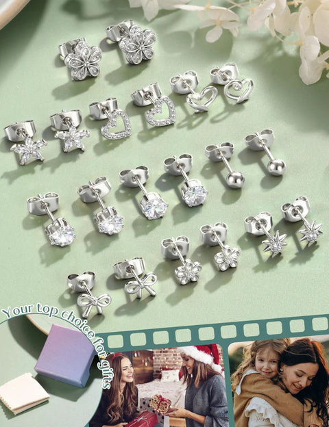 All In One Silver Stud Earrings Set for Women, Hypoallergenic Surgical Steel, Sensitive Ears, 10 Pairs of Heart, Flower, Bow, Sun Styles, Dainty Jewelry Gift Set, assorted studs on display