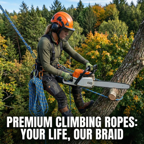 Arborist on tree with Double Braided Arborist Rigging Rope 1/2 Inch by 100 Feet, wearing helmet, chainsaw in hand, forest background.