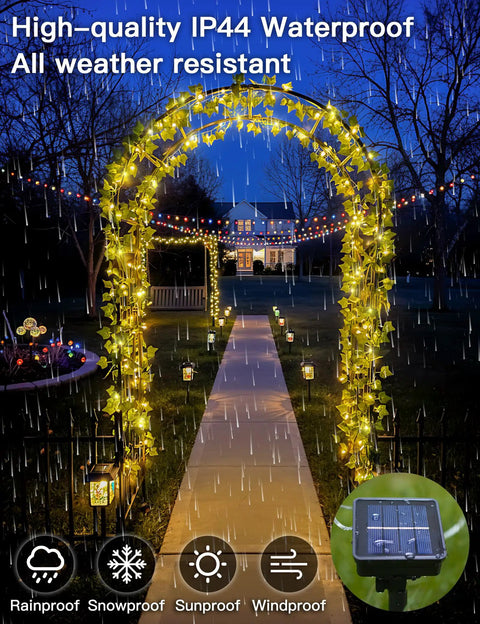 Solar Ivy String Lights Outdoor Waterproof 33Ft 100 LED Fake Vines illuminating garden archway in rain, IP44 weatherproof.