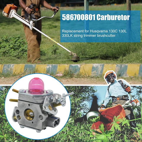 330LK Carburetor Tune Up Kit for Husqvarna 130L 130C Weedeater Trimmer Replacement Kit with Spark Plug and Fuel Filter shown.