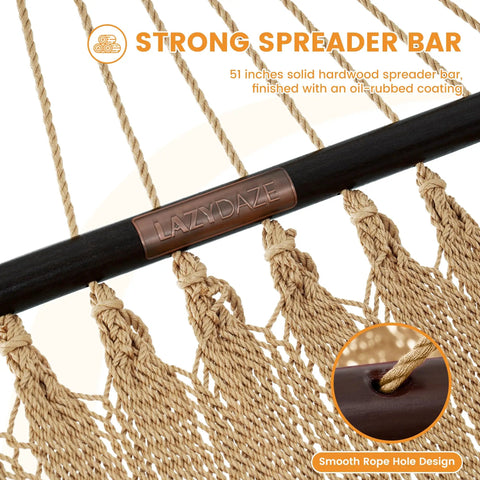 Close-up of Caribbean Rope Hammock 10.5 Ft Double Outdoor Hammock With Spreader Bars Hand Woven Polyester with branded spreader bar