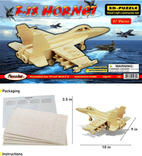 F18 Hornet 3D Puzzle Airplane Model Kit For Kids And Adults Wood Building Craft With 47 Pieces Paint Assemble Educational
