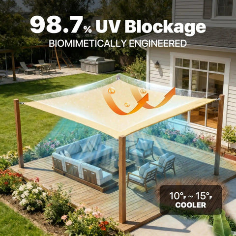 Beefed Up Heavy Duty Beige 12 Foot By 16 Foot Sun Shade Sail Canopy With Reinforced Corners And Edges, 260 GSM Permeable Fabric, Stainless Mounting Rings, Custom Size Available For Patio Or Deck installed over a patio