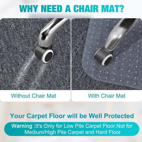 Comparison of carpet with and without Heavy Duty Office Chair Mat for Carpets 48 By 36 Inches Clear Plastic Floor Protector.