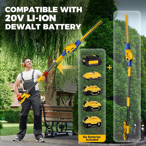 Man using Cordless Pole Hedge Trimmer Bare Tool Only, 16 Inch Dual Action Blades, 8 Foot Reach With Extension Pole in garden