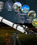 Dope 90mm Refractor Telescope For Adults With 1000mm Focal Length, Ultra Stable AZ Mount showing lunar and planetary viewing options