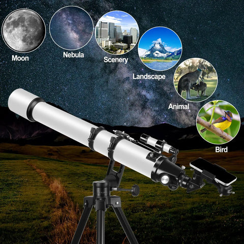 Dope 90mm Refractor Telescope For Adults With 1000mm Focal Length, Ultra Stable AZ Mount showing lunar and planetary viewing options
