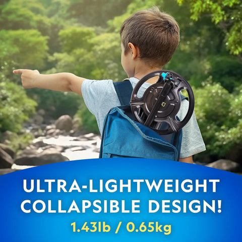 Back view of child wearing a blue backpack with a black circular metal detector coil attached outdoors.