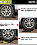 Heavy Duty Rv Leveling Blocks With Anti Slip Mats And Wheel Chocks For Travel Trailers And Motorhomes Smooth Sailing Quick Setup Rock Solid Honeycomb Grip Stability in use instructions with motorhome tire and anti-slip mat.