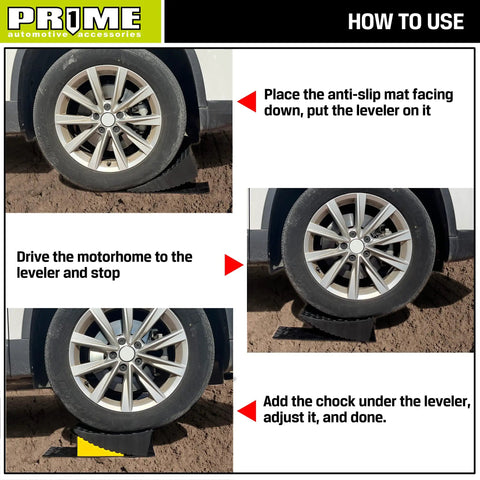 Heavy Duty Rv Leveling Blocks With Anti Slip Mats And Wheel Chocks For Travel Trailers And Motorhomes Smooth Sailing Quick Setup Rock Solid Honeycomb Grip Stability in use instructions with motorhome tire and anti-slip mat.
