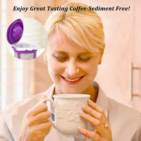 Woman enjoying coffee with K Cup Disposable Paper Filters 100 Pack That Fits All Reusable Coffee Pods Compostable And Biodegradable Coffee Filters