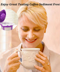 Woman enjoying coffee with Ultra Fine K Cup Paper Filters 300 Pack For All Reusable Pods Compostable And Disposable Coffee Filters