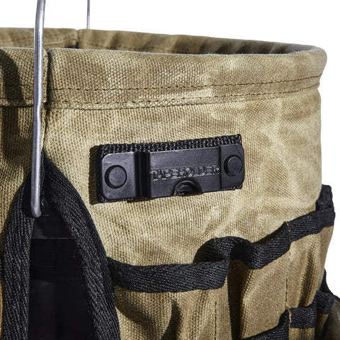 Close-up of Waxed Canvas Tool Bucket Organizer for a 5 Gallon Bucket, showing heavy-duty build with 58 pockets.
