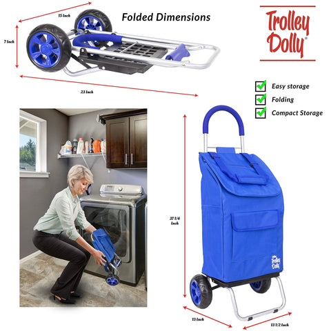 Foldable Trolley Dolly Shopping Cart For Groceries With Heavy Duty Wheels And Removable Bag, shown folded and in use by laundry machine.
