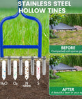 5 Stainless Steel Corer Lawn Aerator With Soft Rubber Grip showing before and after lawn health improvement diagrams