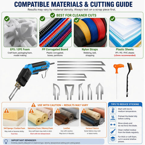 Electric Foam Cutter Hot Knife 200W Air Cooled Foam Cutting Tool Kit with material compatibility and cutting guide chart