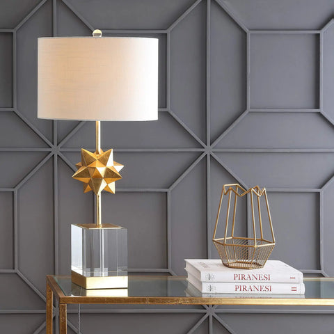 Clear And Gold Leaf Crystal Table Lamp With Hollywood Regency Starburst Metal Base And White Linen Drum Shade 32 Inch Tall Bedside Lamp With Included LED Bulb For Living Room Or Bedroom Decor on console table.