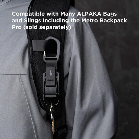 EDC Carabiner With Quick Release Keychain And Magnetic Belt Clip attached to a black backpack strap