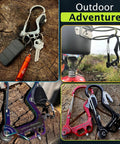 Emergency Car Tool 7 In 1 Fire Escape Tool with window breaker, seatbelt cutter and carabiner shown in outdoor settings.