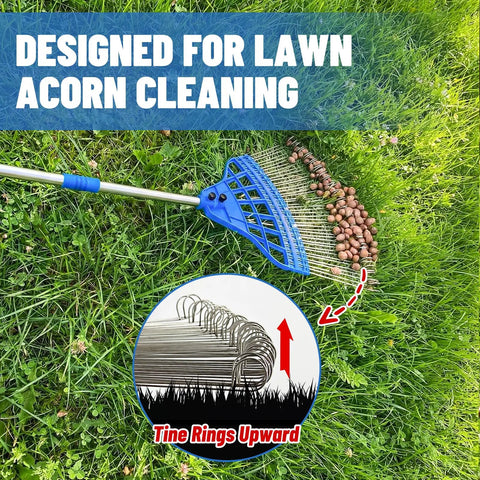Acorn Gatherer Pro Fast Lawn Cleanup Tool with loop steel tines, flexible spring head, and adjustable handle collecting acorns on grass.