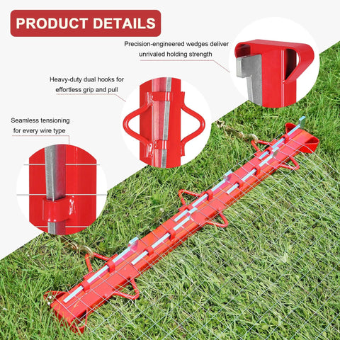 6-Foot Woven Wire Fence Stretcher Bar With 7 Wedges, Heavy-Duty Carbon Steel Fence Stretcher Tool, Red Anti-Corrosion Coating