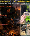 Pocket Survival Fishing Kit Emergency Tackle Box for Camping and Hiking with man by campfire, gear in forest, pocket, and backpack