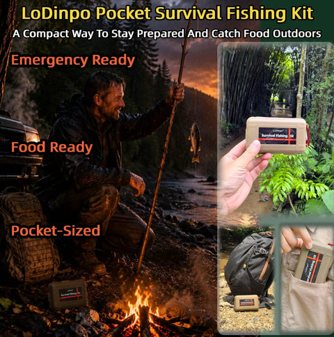 Pocket Survival Fishing Kit Emergency Tackle Box for Camping and Hiking with man by campfire, gear in forest, pocket, and backpack