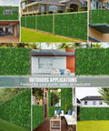 Artificial Hedge Wall Panels 20x20 Inch Boxwood Set used as outdoor privacy fence screen on patios and balconies, UV protected.