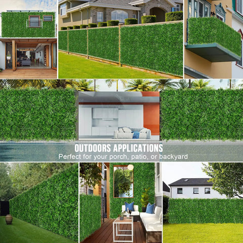 Artificial Hedge Wall Panels 20x20 Inch Boxwood Set used as outdoor privacy fence screen on patios and balconies, UV protected.