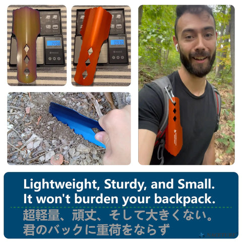 Backpacking Trowel Aluminum Shovel With Longer Handle For Ultralight Hiking And Camping shown in orange, used outdoors.
