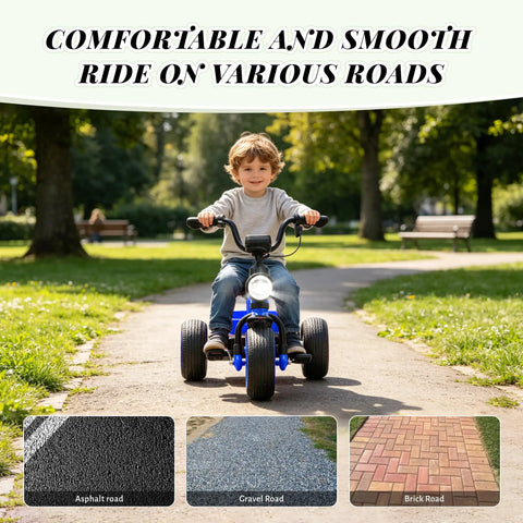 Electric Kid Ride On Trike For Toddlers Ages 2 To 5 With 3 Wheel Design 12V Battery And Dual 35W Motors Safe Durable Power For Stable Smooth Rides Kid Friendly Twist Grip Throttle Non Slip Pedals Easy Start Blue, toddler on blue trike on park path