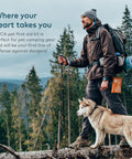 Man hiking with dog carrying Waterproof High Visibility Dog First Aid Kit For Hiking Camping Backpacking Sports And Hunting.