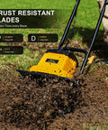 12 Inch Corded Tiller Cultivator With 8.5 Amp Power, 360 RPM Rototiller for Gardening in action digging soil