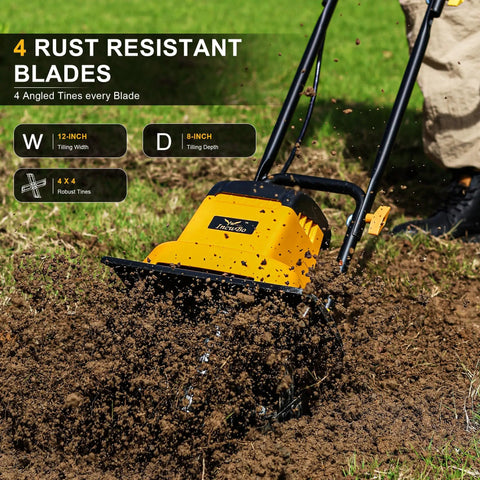 12 Inch Corded Tiller Cultivator With 8.5 Amp Power, 360 RPM Rototiller for Gardening in action digging soil