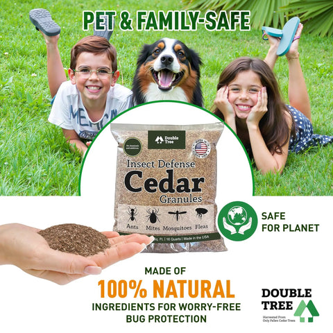 Cedar Granules For Yard And Garden That Pack A Punch Repelling Fleas Ticks Ants And Mosquitoes With Rich Cedar Scent Non Toxic Pet Safe Covers Up To 3,500 Sq Ft In A 16 Quart Bag with kids and pet on grass in background