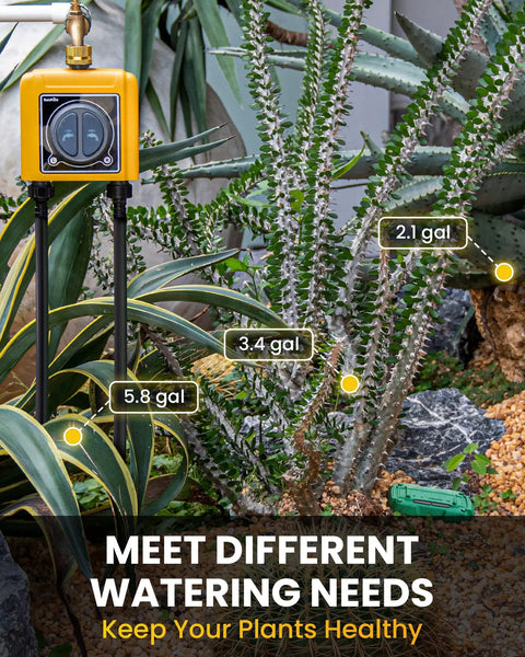 Smart WiFi Hose Timer For Garden Watering With Alexa Voice Control And Mobile App Hands Free Remote Scheduling And Manual Override Drip Irrigation Controller System With WiFi Hub shown in garden setup