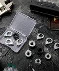 12 Piece Bike Axle Nut And Safety Washer Kit In Three Sizes For Front And Rear Wheels shown with steel nuts and washers.