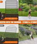 No Dig Fence With Gate, 15 Panels, 32 Inch High By 36 Feet Long Rustproof Metal Garden Edging Border For Outdoor Yard And Patio, Dog And Pet Barrier, Decorative Black Fence, No Fuss Easy Portable Fence shown in use with comparison of stability depth in ground.