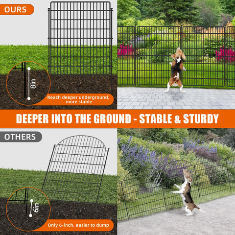No Dig Fence With Gate, 15 Panels, 32 Inch High By 36 Feet Long Rustproof Metal Garden Edging Border For Outdoor Yard And Patio, Dog And Pet Barrier, Decorative Black Fence, No Fuss Easy Portable Fence shown in use with comparison of stability depth in ground.