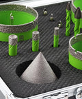 Built Tough Diamond Tile Hole Saw Kit 16 Piece Core Drill Set For Concrete Masonry Brick with green cutters and silver drill bits.