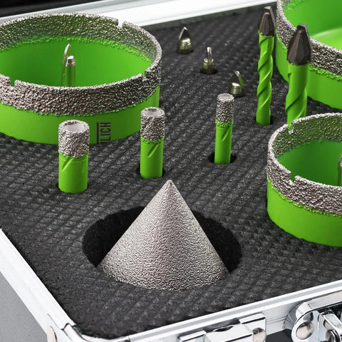 Built Tough Diamond Tile Hole Saw Kit 16 Piece Core Drill Set For Concrete Masonry Brick with green cutters and silver drill bits.